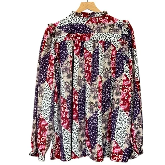 Umgee Mixed Print Ruffle Blouse Top in Mixed Wine Women’s Size Large - Picture 5 of 11